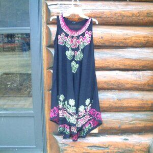 Boho Flowy Sleeveless Tank Style Embroidered Asymmetrical Midi Dress SZ M/L